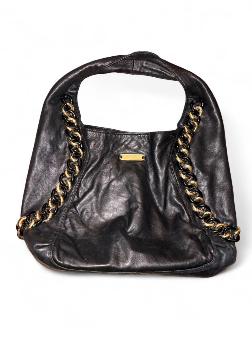 MICHAEL Michael Kors Black Leather Hobo with Gold Chain Trim